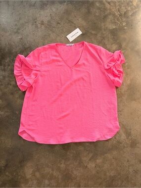 Culture Code Plus 3X Hot Pink Ruffle Sleeve VNeck Blouse NWT Boutique Wear Pink